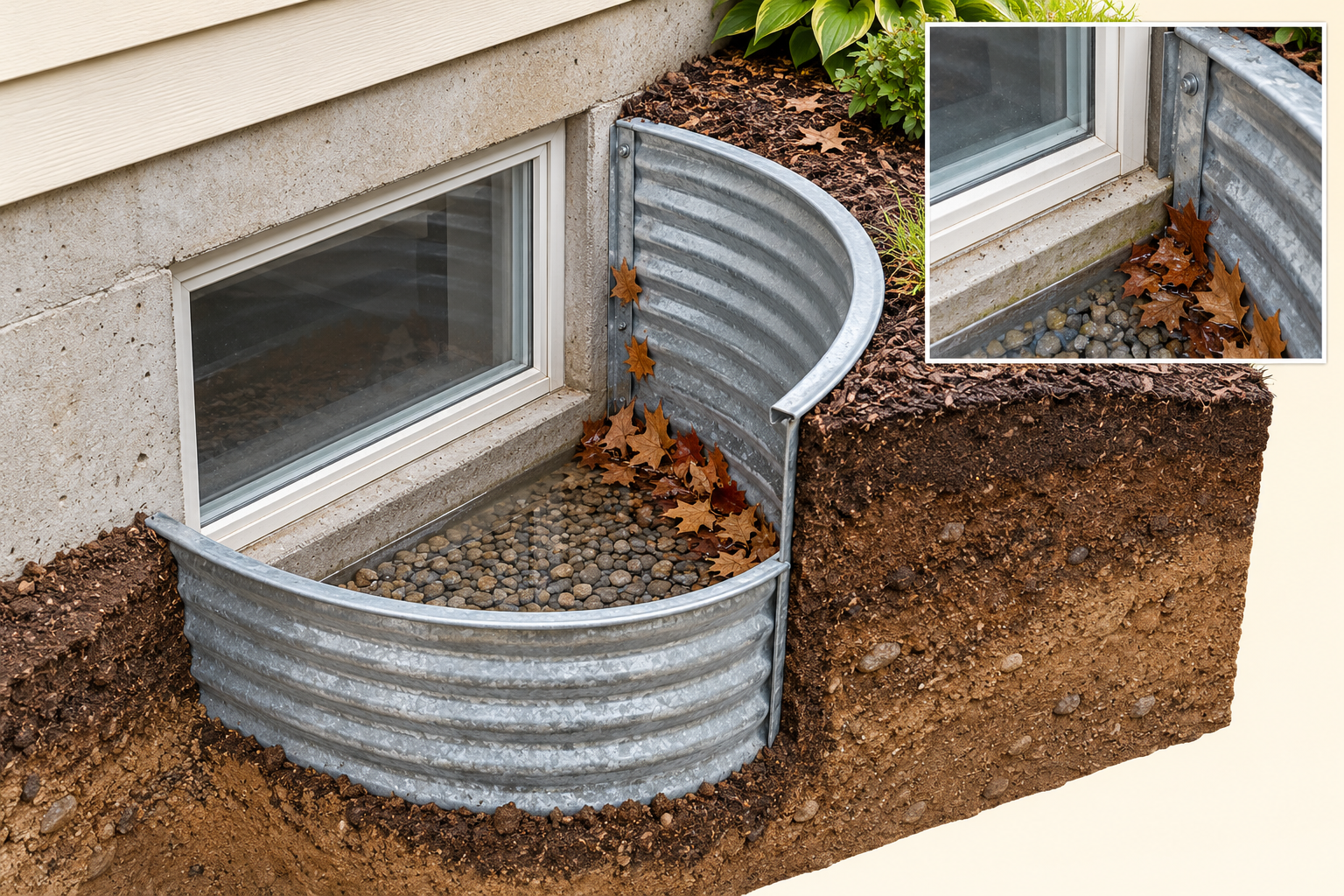 Illustrative low window in a corrugated metal well with gravel and leaves; a close-up shows the lower frame, without establishing standing-water height or a buried drain.