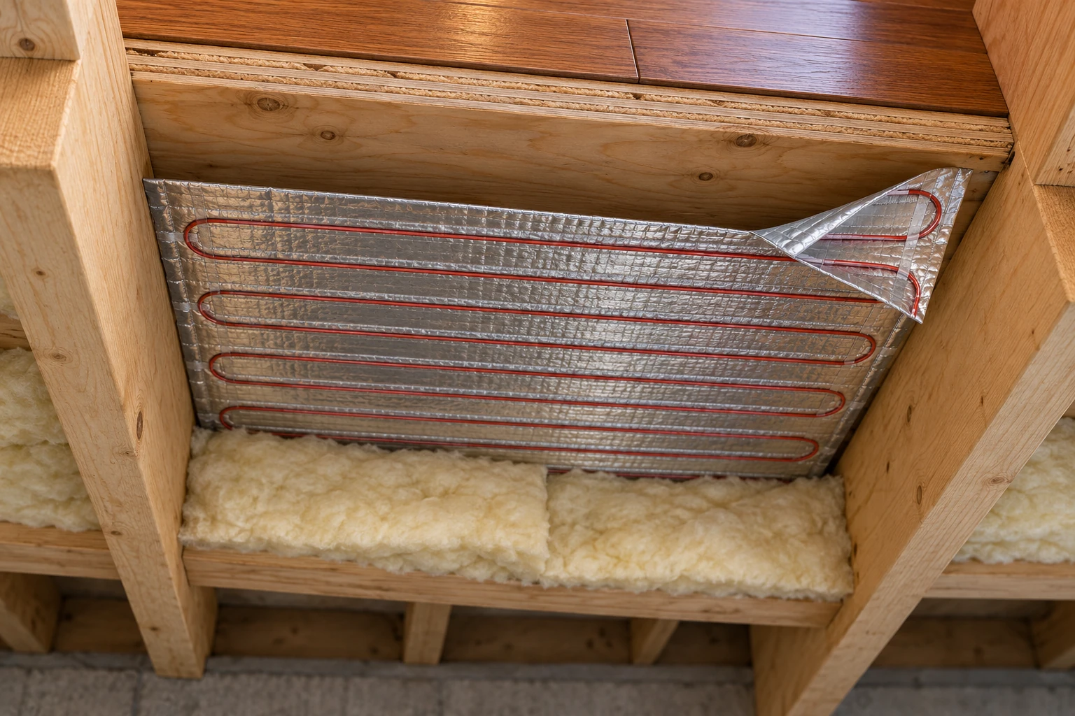 Wire-and-foil electric heater below a timber subfloor with airspace above and insulation below.