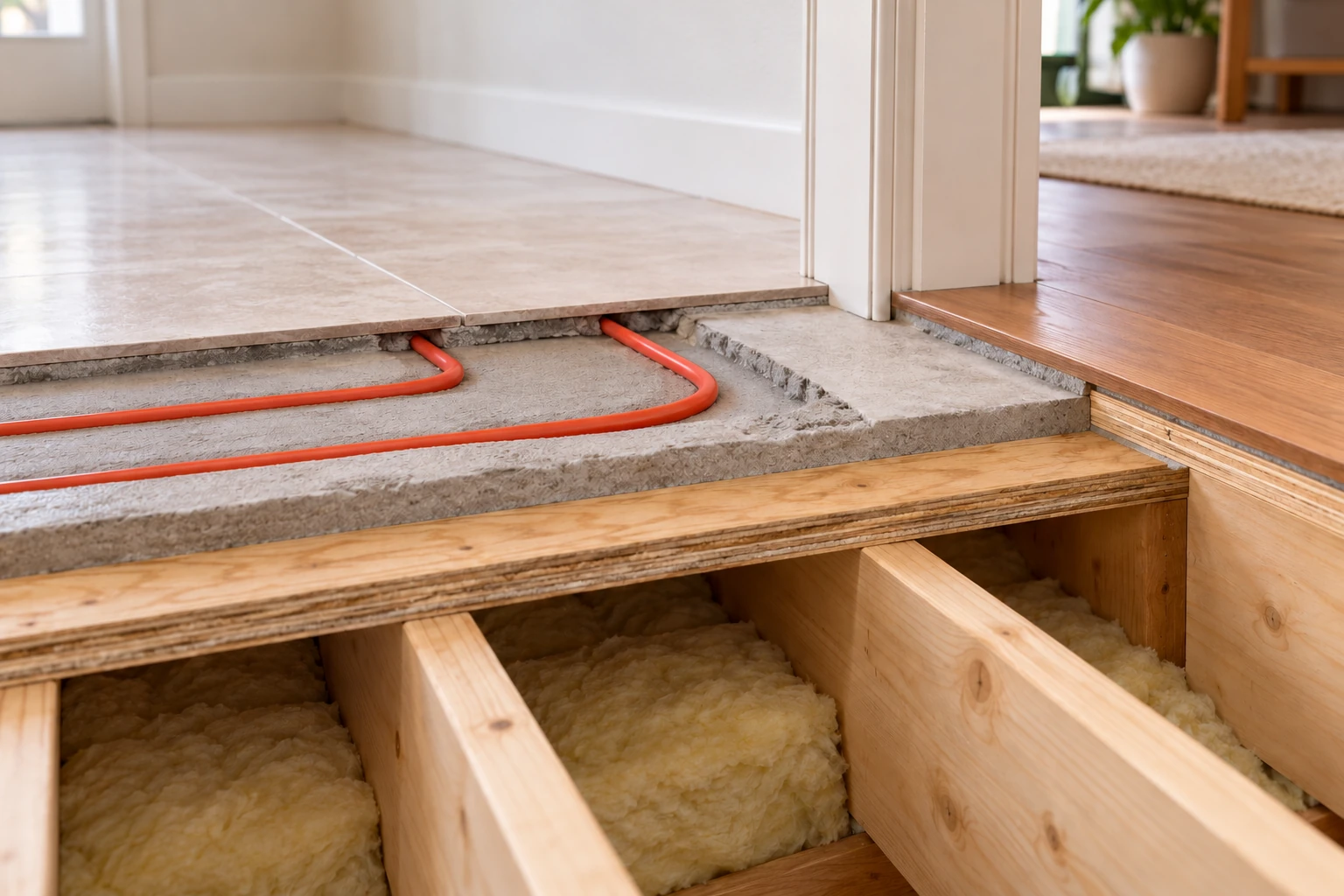 Thin hydronic overpour cutaway above plywood and joists with a higher finished-floor transition.