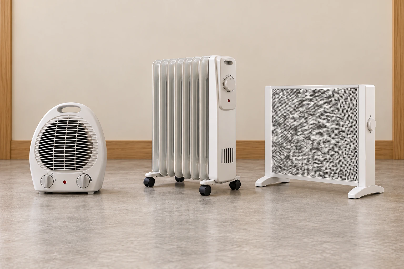 Separate fan-heater, radiator-style and guarded-panel concepts illustrate different delivery arrangements. The native figure explains radiant and convective paths without inventing internals.