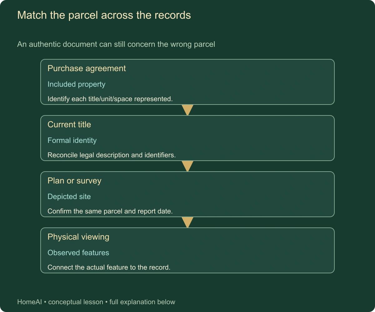 Match the parcel across the records. An authentic document can still concern the wrong parcel. Complete labels and relationships follow in static text.