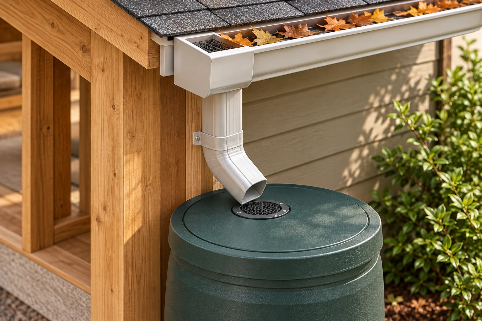 The gutter gathers roof runoff and the downspout reaches a mesh-covered inlet in the seated barrel lid. Mesh separates larger debris; it does not make the stored water potable.