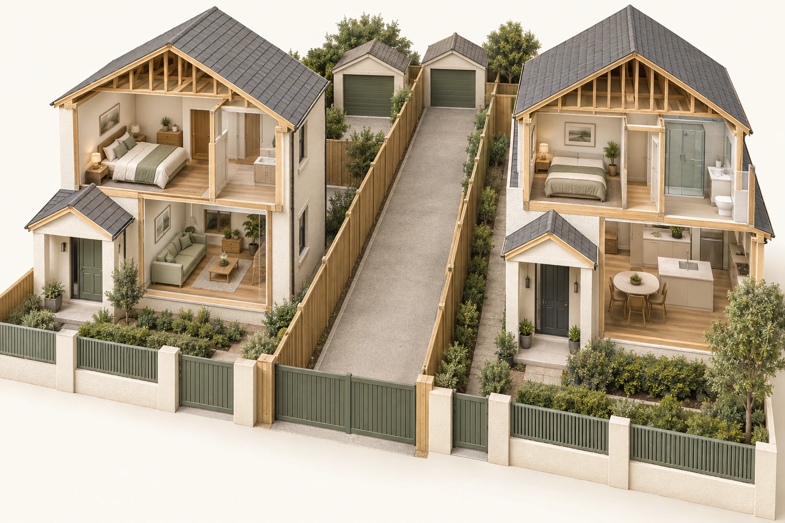 Two neighbouring house cutaways beside a central driveway continuing from a closed front gate to two rear garages; fences run along its sides.