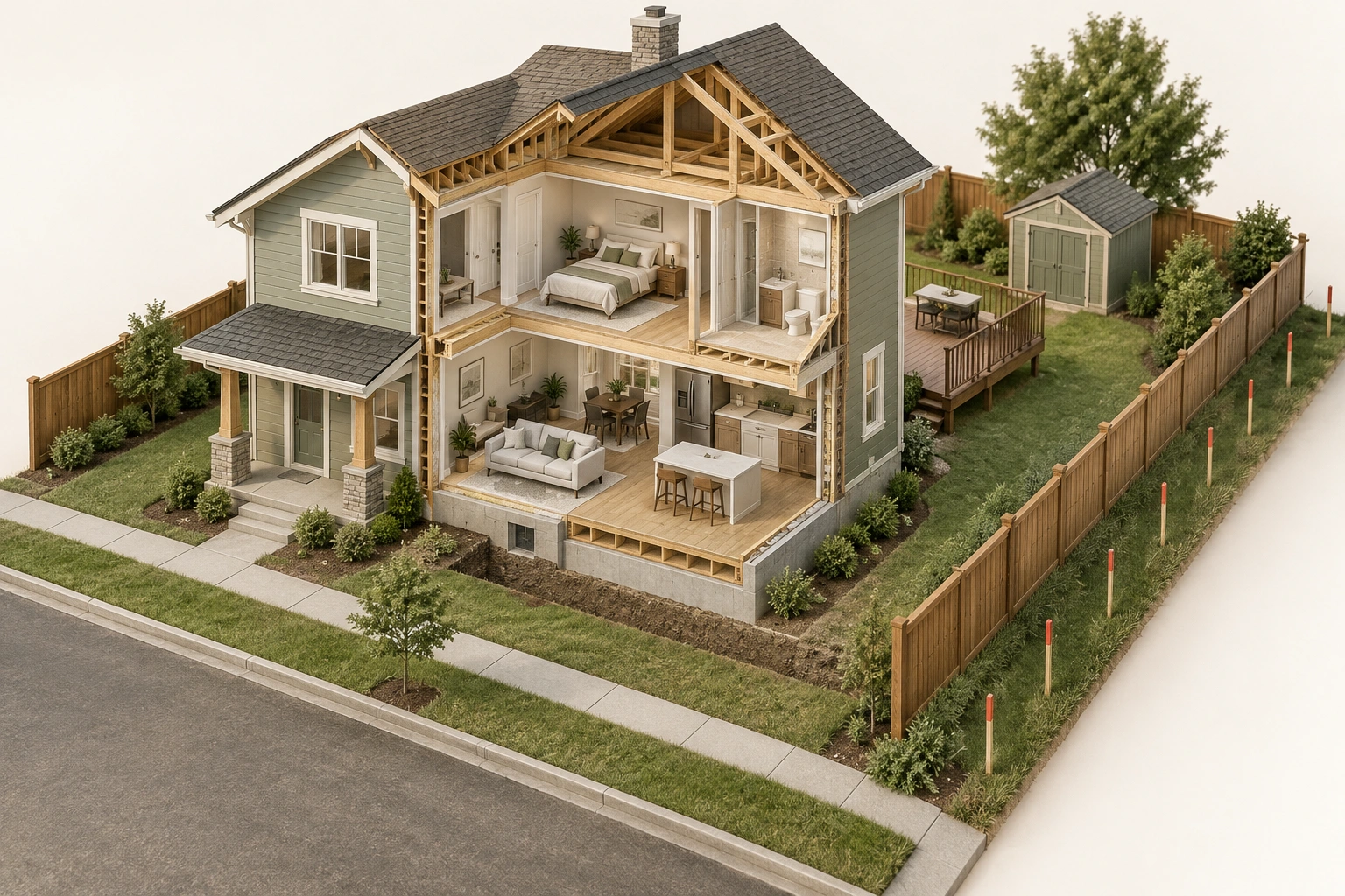 Oblique detached-house cutaway with a rear deck and shed, wooden side fence and a separate line of red-topped stakes outside the fence.