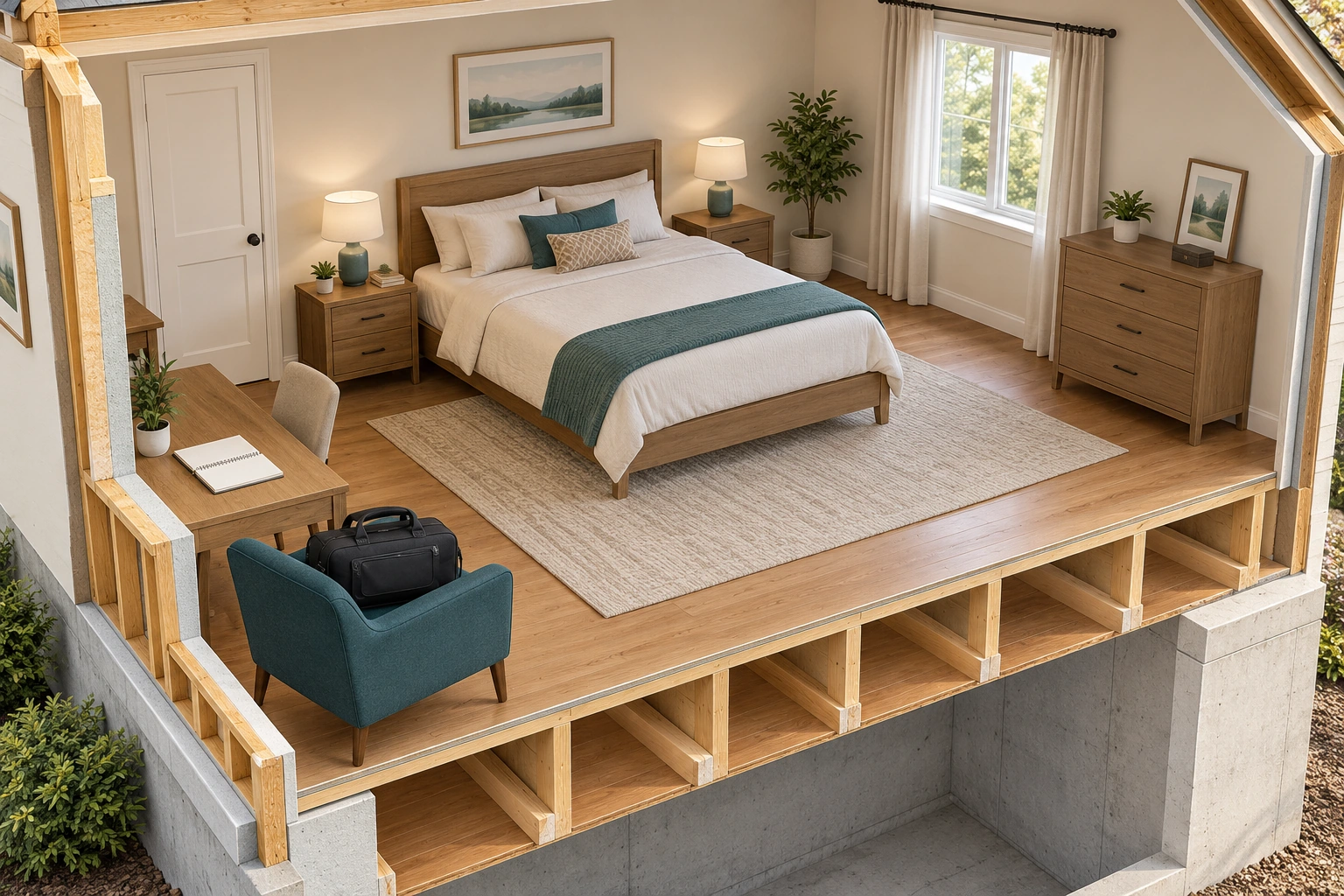 The high room cutaway shows bed, nearby furniture and visible access spaces. An inspection bag and notebook provide work context, while the actual report must identify examined locations and limitations.