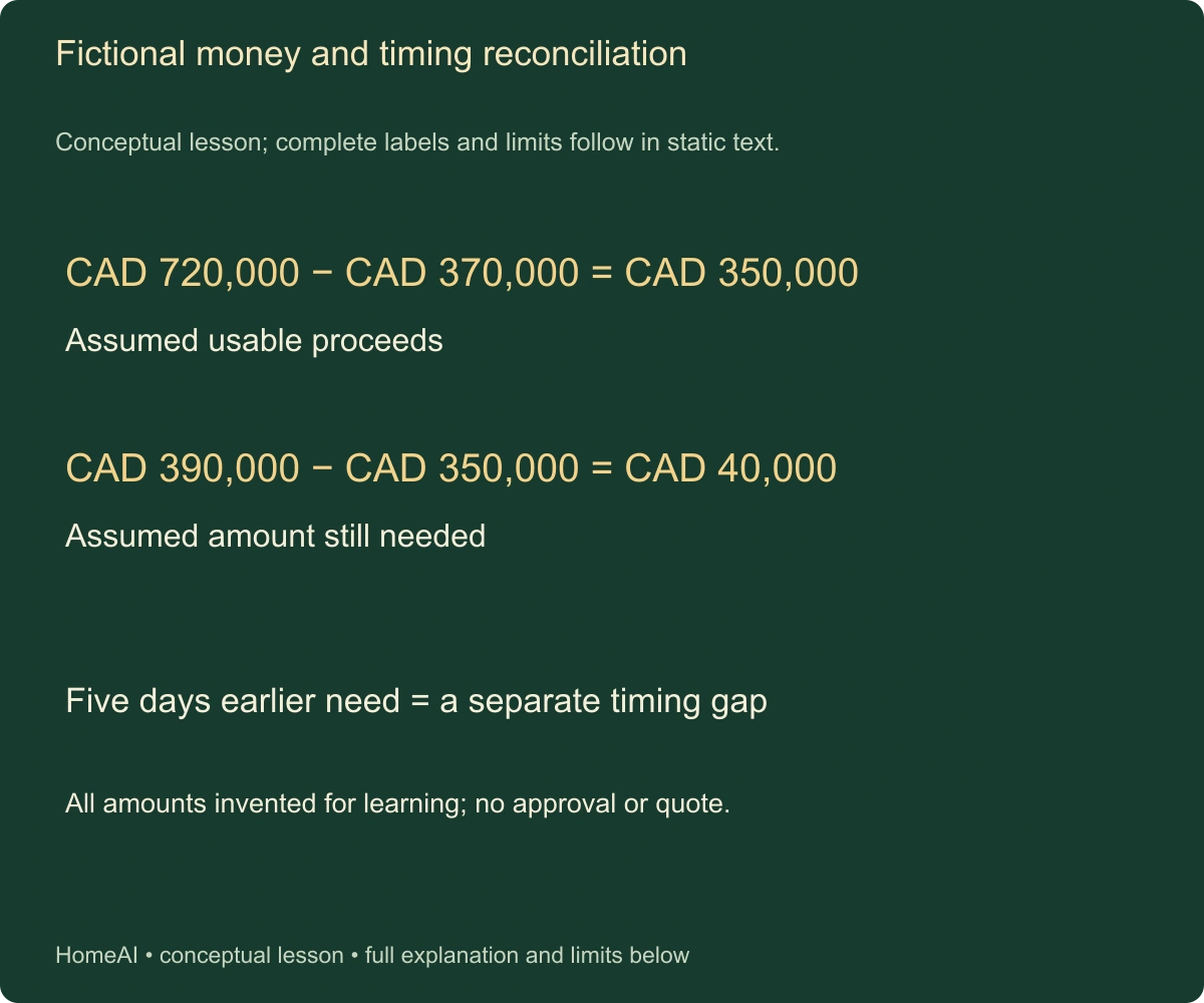Fictional money and timing reconciliation. Conceptual lesson; complete labels and limits follow in static text.