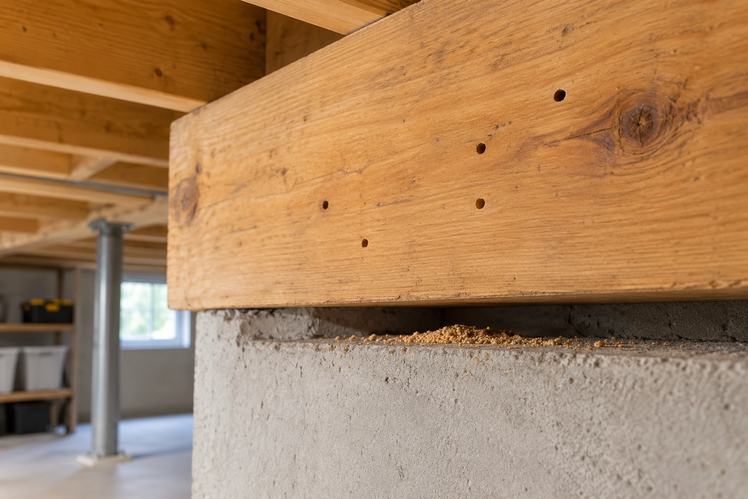 The intact wood face contains small holes with loose sawdust-like material on the ledge. Those signs raise identity, source and current-activity questions without exposing the member’s interior.