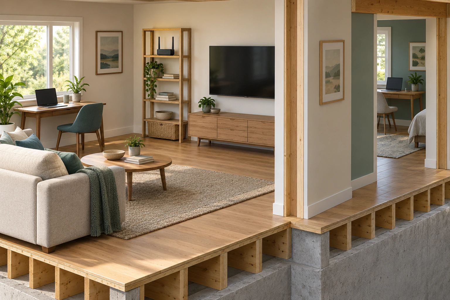 The router sits in one room while laptops occupy a nearby desk and an adjoining space. Walls and furnishings change the relationship between each client and the local wireless source.