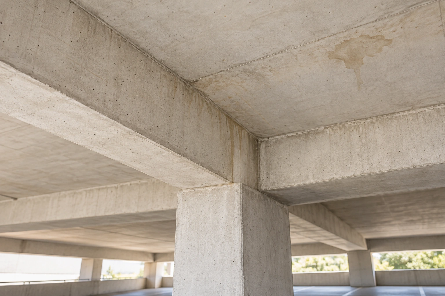 Concrete slab, beams and column with pale localized underside water marks visible. No active cause or reinforcement condition established.