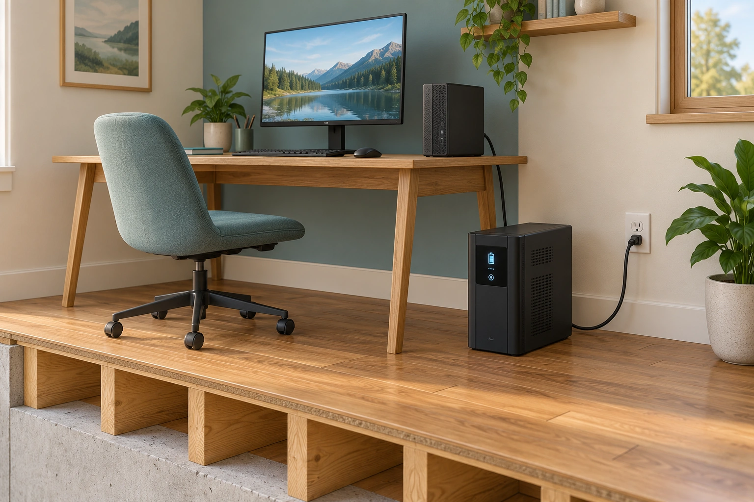 The closed UPS receives a visible wall supply beside a desktop computer and monitor. It gives context for selected device continuity rather than supplying the whole house. The computer’s complete lead-to-output route is concealed, so the native figure explains that relationship.