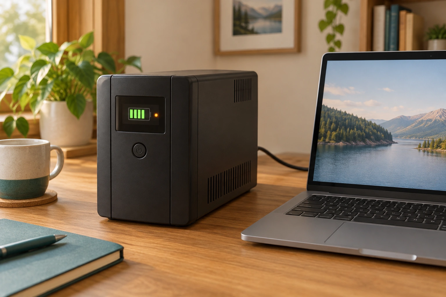 The closed UPS status area sits beside a laptop. A real display can report battery operation, load or a service concern, but its meaning comes from the matching manual rather than a universal colour code.