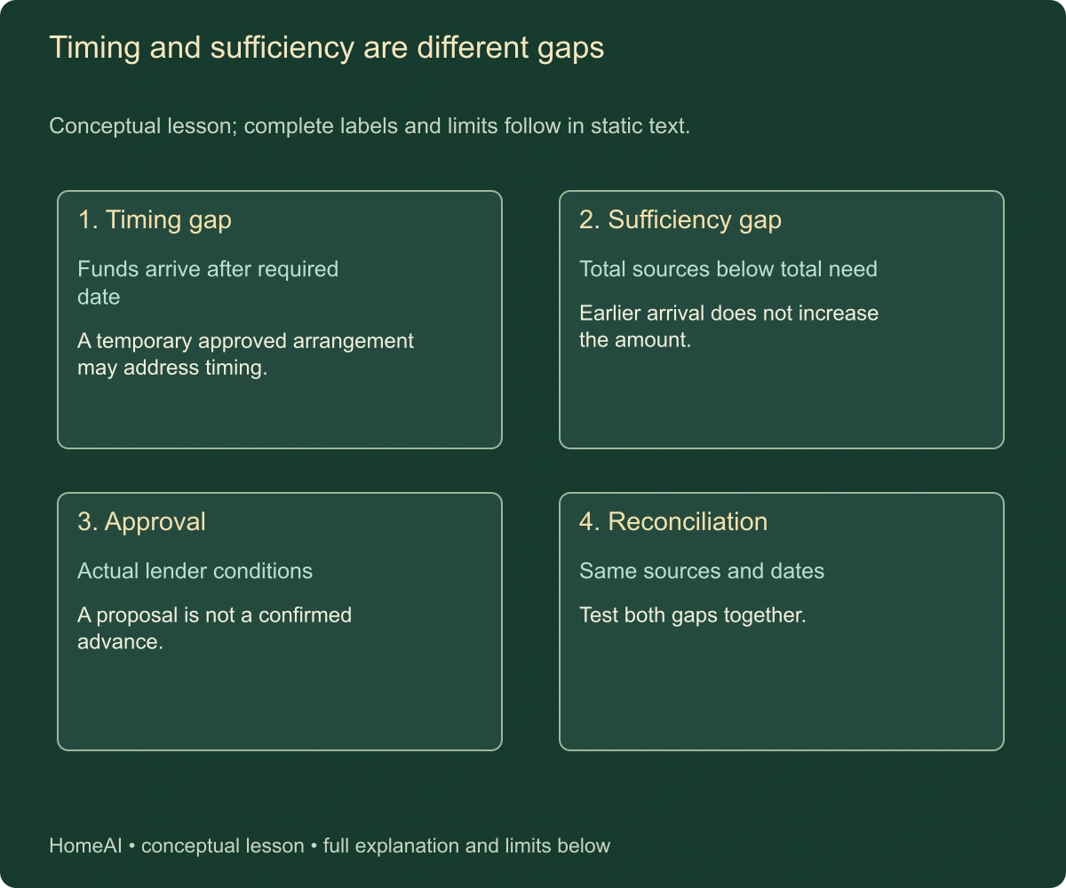 Timing and sufficiency are different gaps. Conceptual lesson; complete labels and limits follow in static text.