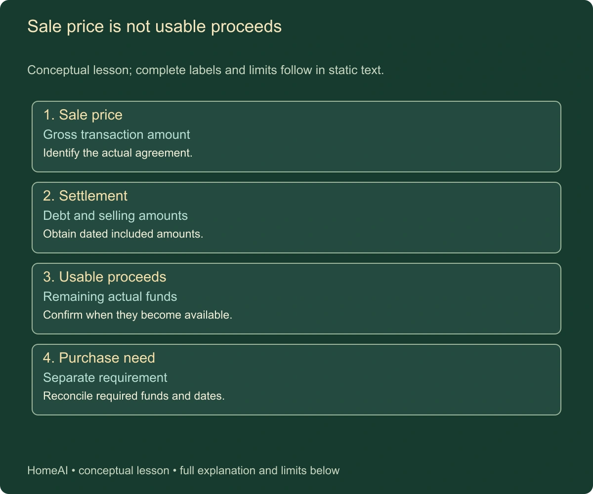Sale price is not usable proceeds. Conceptual lesson; complete labels and limits follow in static text.