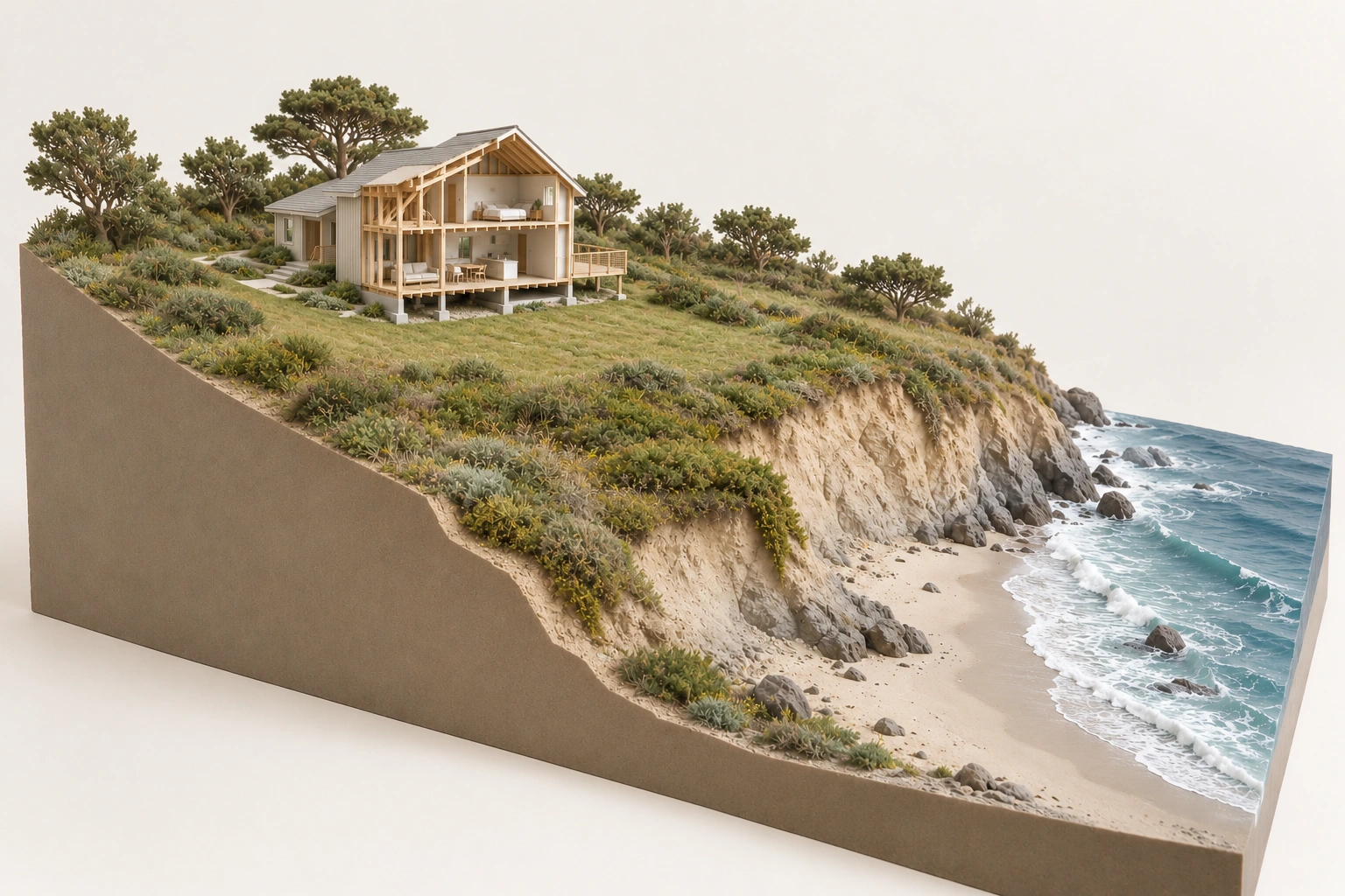 broader coastal terrain with home farther inland and vegetation between it and bluff; no safe-setback, geological or stability finding.