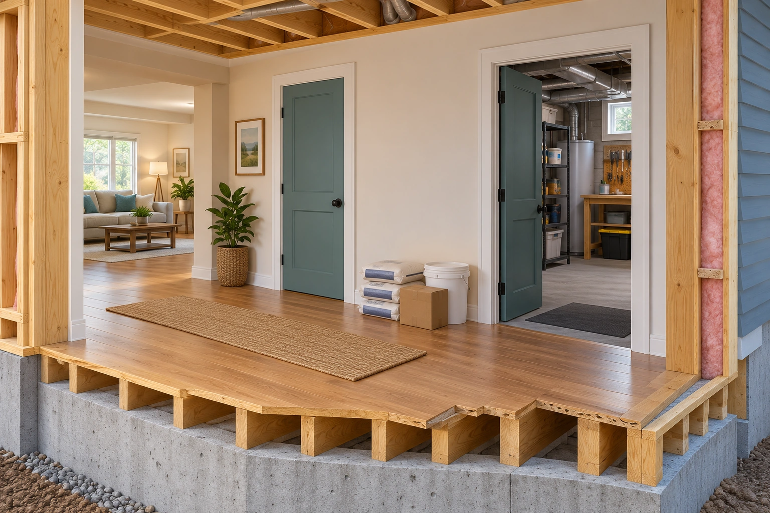 The corridor joins furnished rooms and an unfinished work room, with stored materials visible at its edge. This conceptual movement context helps identify deliveries, daily access and restricted areas before work begins.