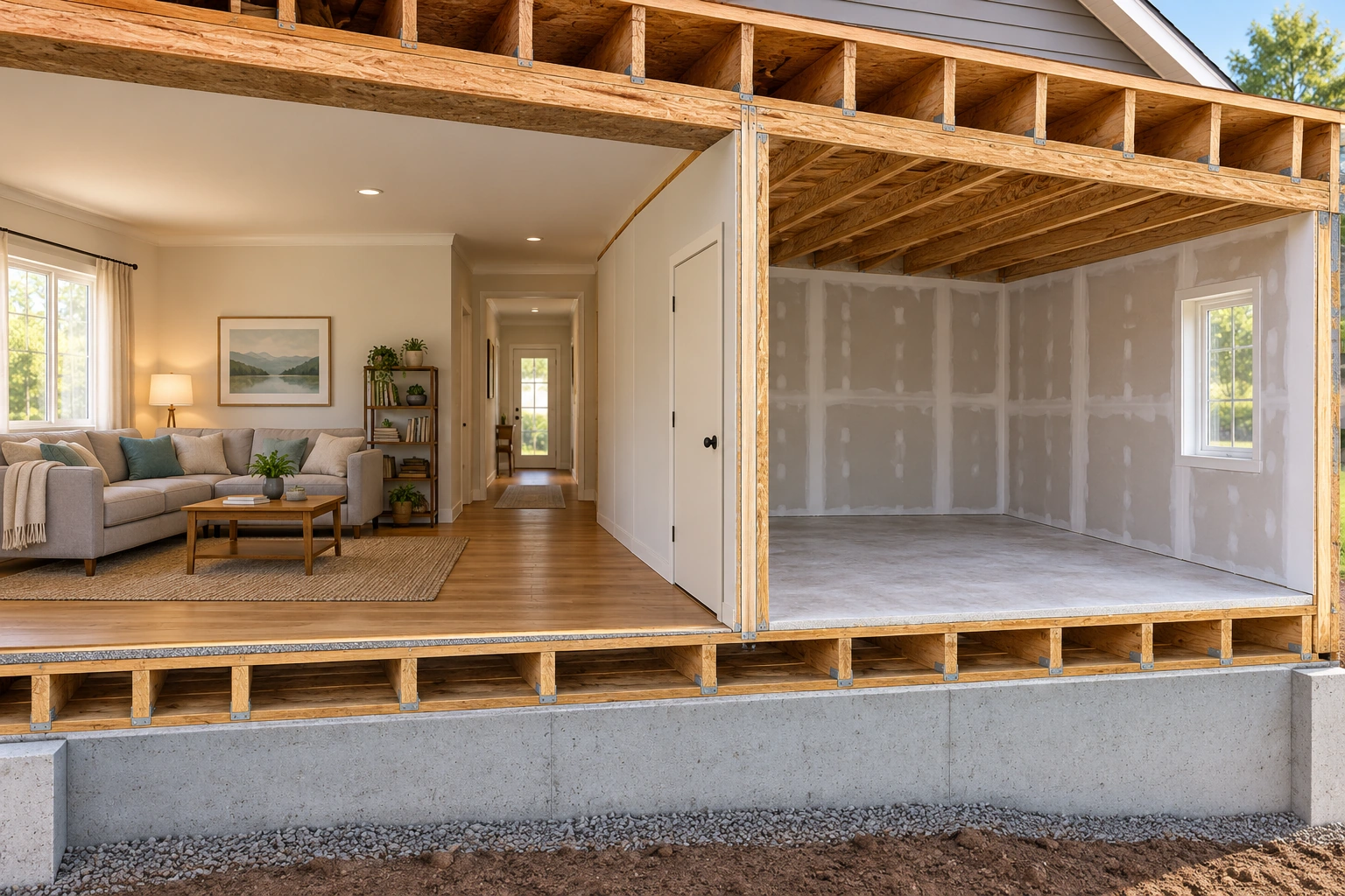 The room cutaway places a furnished living area beside an unfinished room, separated by a framed wall and door. It teaches the relationship between household functions and work zones without showing an approved containment assembly.