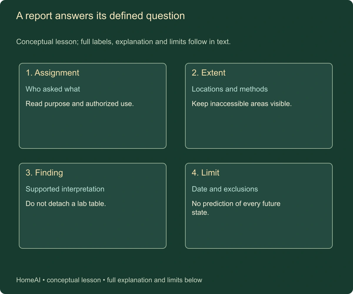 A report answers its defined question. Conceptual lesson; full labels, explanation and limits follow in text.