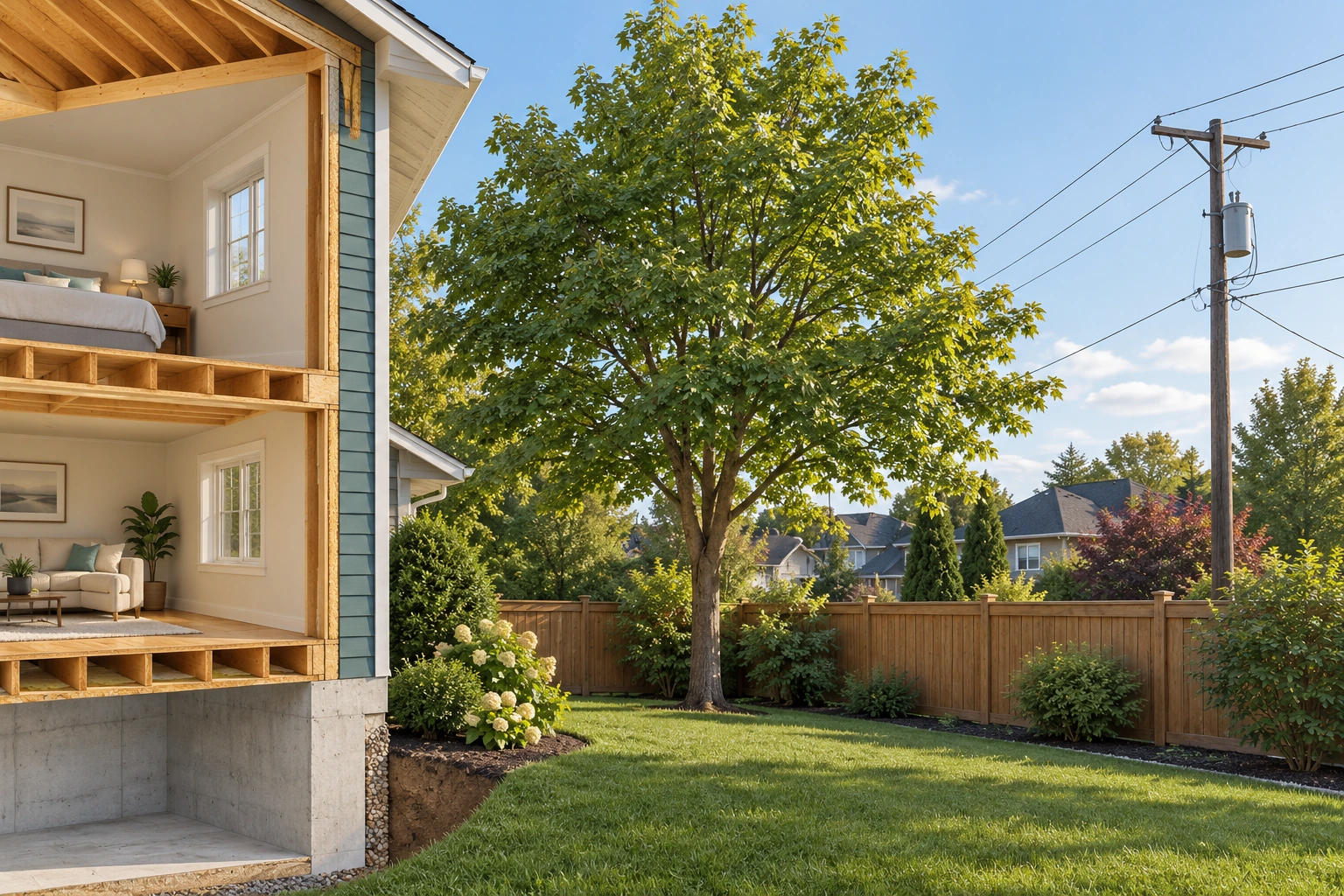 The yard view keeps a tree, house and overhead utility context visibly separate. It illustrates why identifying the actual asset and operator precedes tree work; the drawn spacing is not a safe clearance.