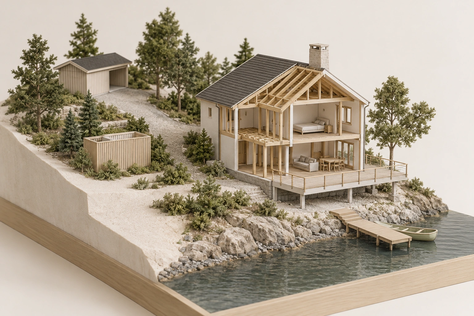 Waterfront home, inland access lane and outbuilding with simple small enclosure; no component identity, service route, ownership or adequacy established.