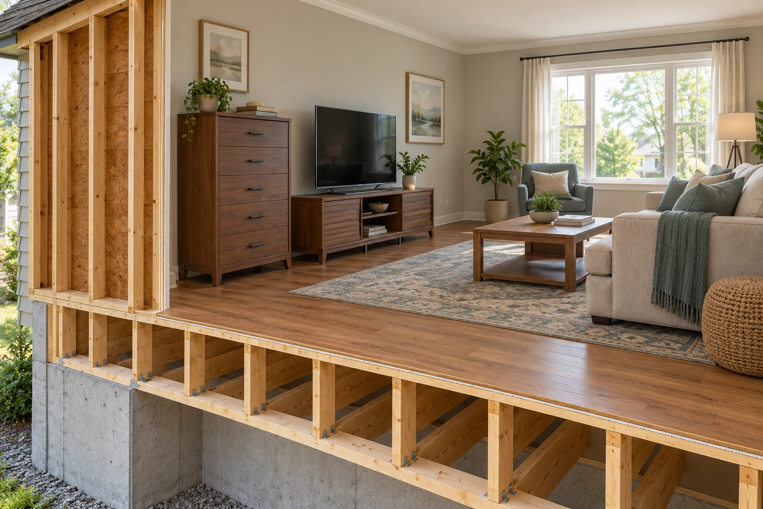 A television sits on a low cabinet beside a tall closed drawer unit; the wall behind remains opaque.