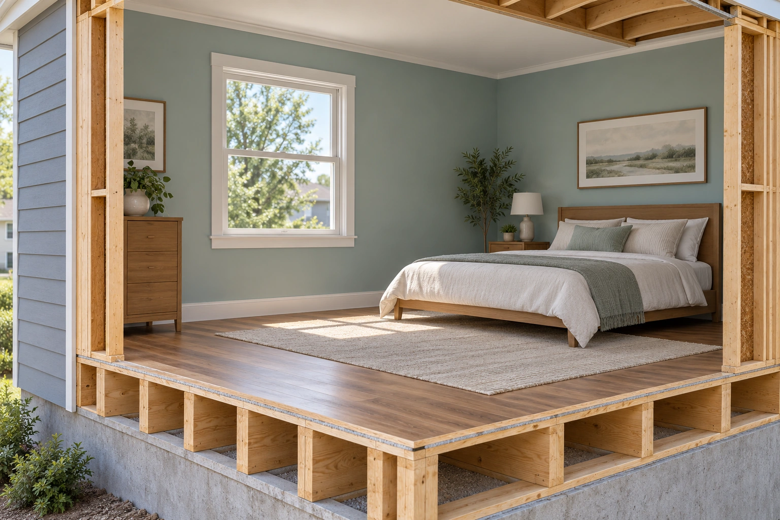 A closed bedroom window and a bed on a different wall show the furniture-to-window relationship in a house cutaway.