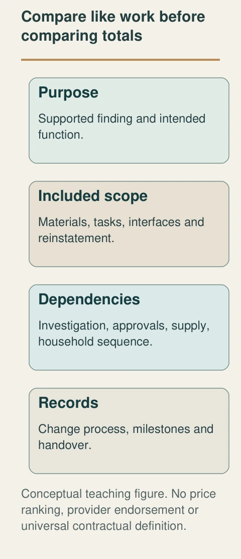 Original native teaching figure: Compare like work before comparing totals. Complete labels distinguish the conceptual functions; no actual property finding.
