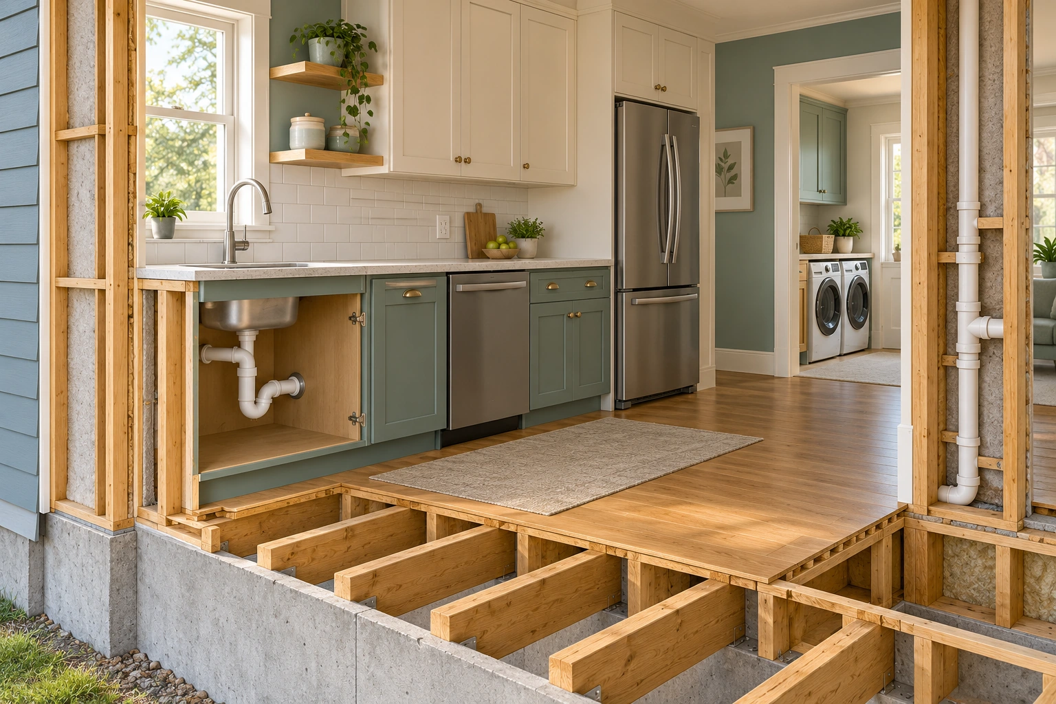 The kitchen cutaway shows a sink, visible drain context, adjacent finishes, appliances and an intact outlet exterior.