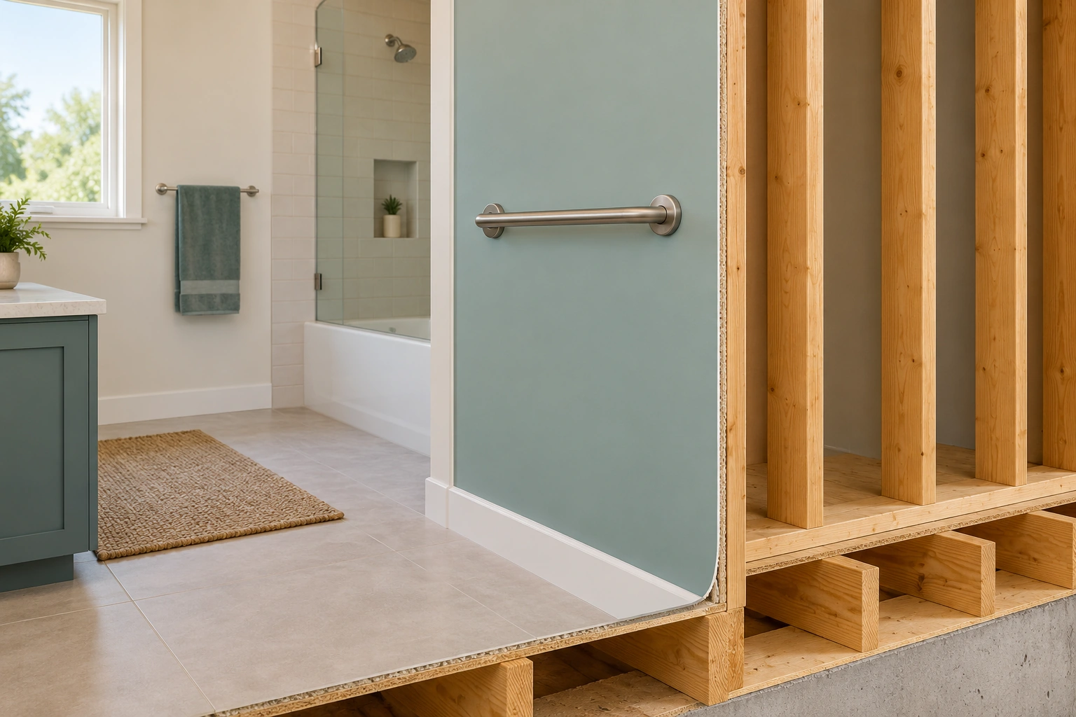 A horizontal bar is shown on finished opaque wall; separate cut edges expose framing elsewhere, while a towel rail is visible in the background.