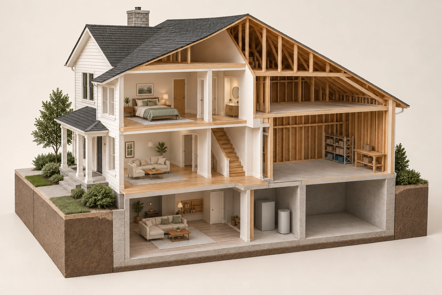 whole-home model preserves finished/open framing contrast and shows closed plain equipment forms without visible hookups.