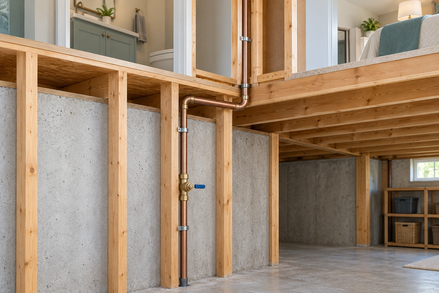 A continuous pipe rises from a basement floor, has an external valve and continues toward an upper room.