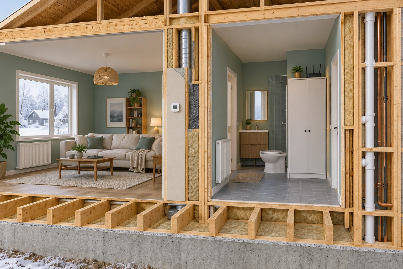 A winter-context house cutaway shows radiators, an external thermostat, a router and visible pipe context beside a closed cupboard.