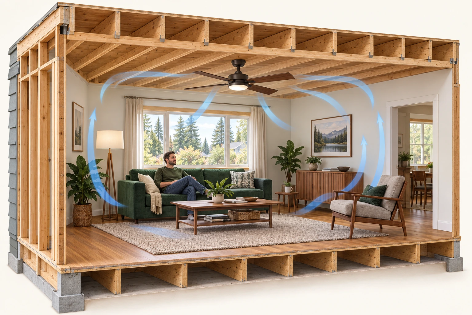 Conceptual timber-frame room cutaway with an intact ceiling fan, a seated person, chairs and generated blue airflow arrows circulating within the room.