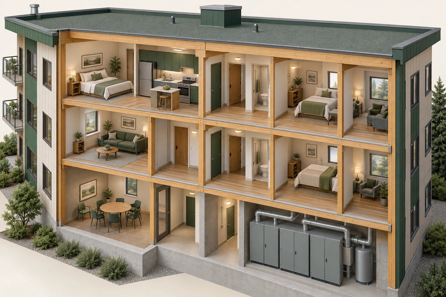 Private rooms connect with shared building work. Rooms sit beneath one roof and above a closed equipment area, while a shared table provides a place for collective activity. Room condition, shared assets and governance therefore need separate evidence in the same housing decision.