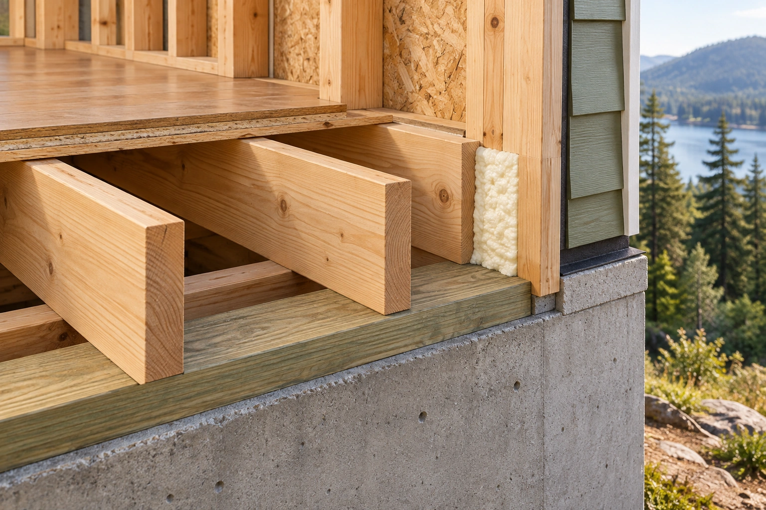 A rim junction brings several materials together. A small foam patch appears at the right end of a wood floor-to-wall junction above concrete. Joists, floor sheathing and exterior cladding are exposed in this conceptual cutaway.