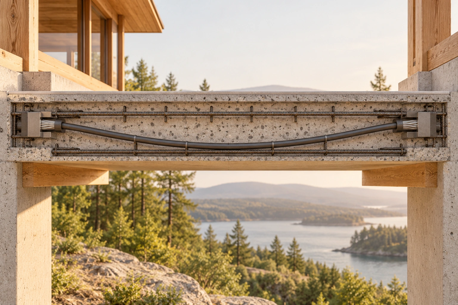A curved tendon route works with concrete and separate reinforcement. The conceptual floor-strip cutaway shows a sheathed tendon route lower at midspan and higher near the end anchorages. Separate ordinary bars also appear in the concrete.