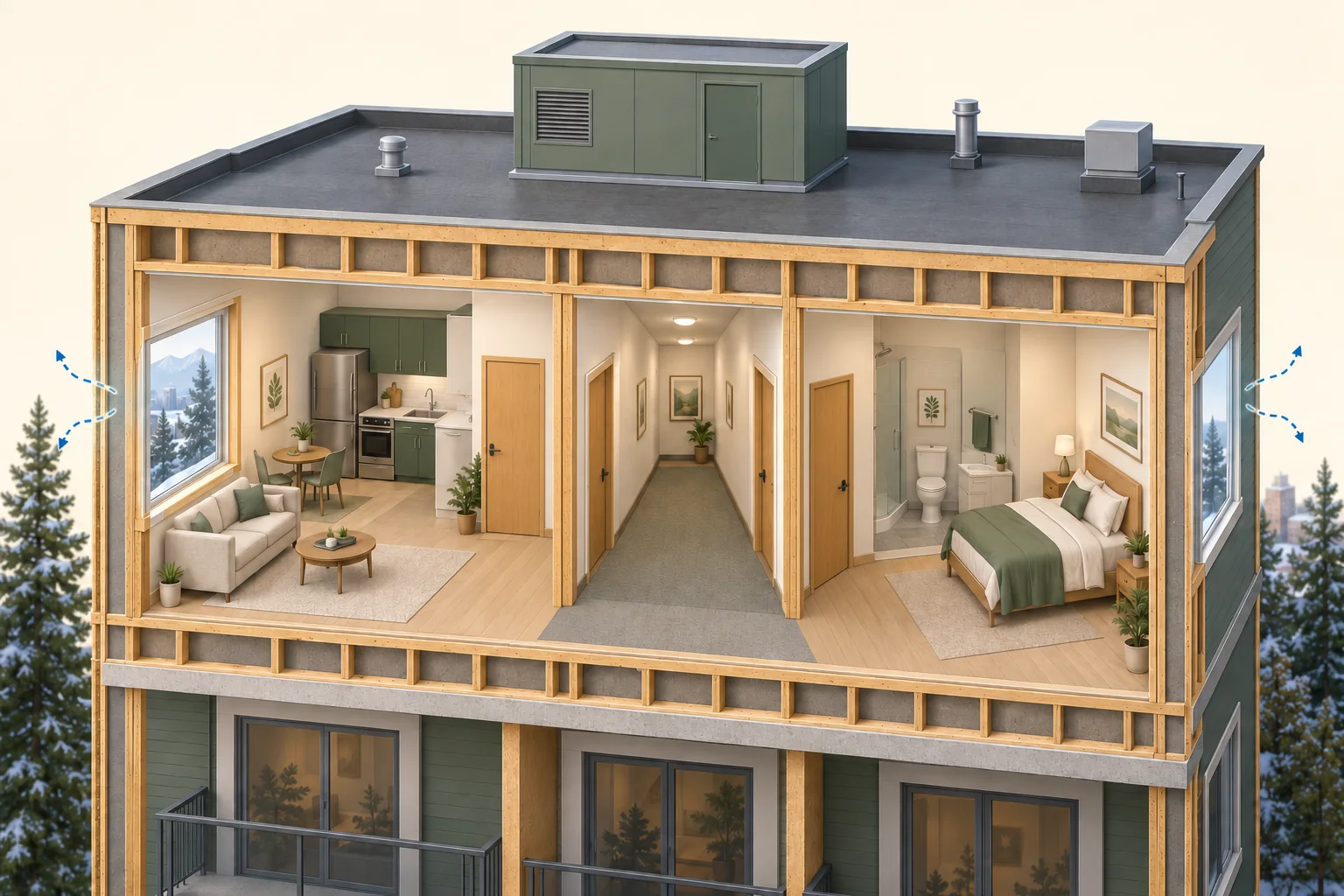 Conceptual two-suite apartment cutaway with a common corridor, closed entry doors, exterior windows and closed rooftop enclosure.