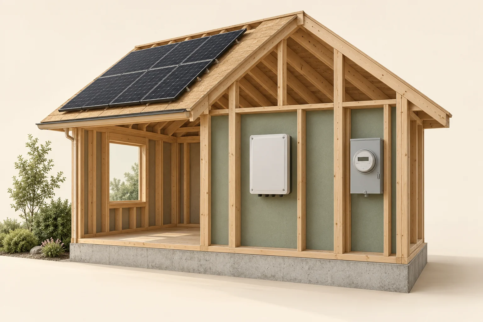 Solar panel shapes sit on an open timber roof model above a separate closed generic inverter cabinet and a closed electricity meter enclosure with a blank display.