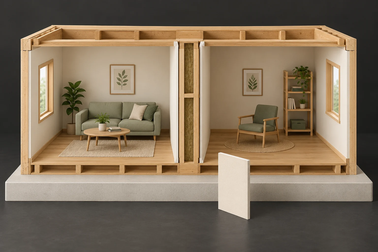 Conceptual pair of neighbouring furnished timber rooms with a cut central divider showing pale faces and filled-looking cavity, surrounding framing and a detached pale panel specimen