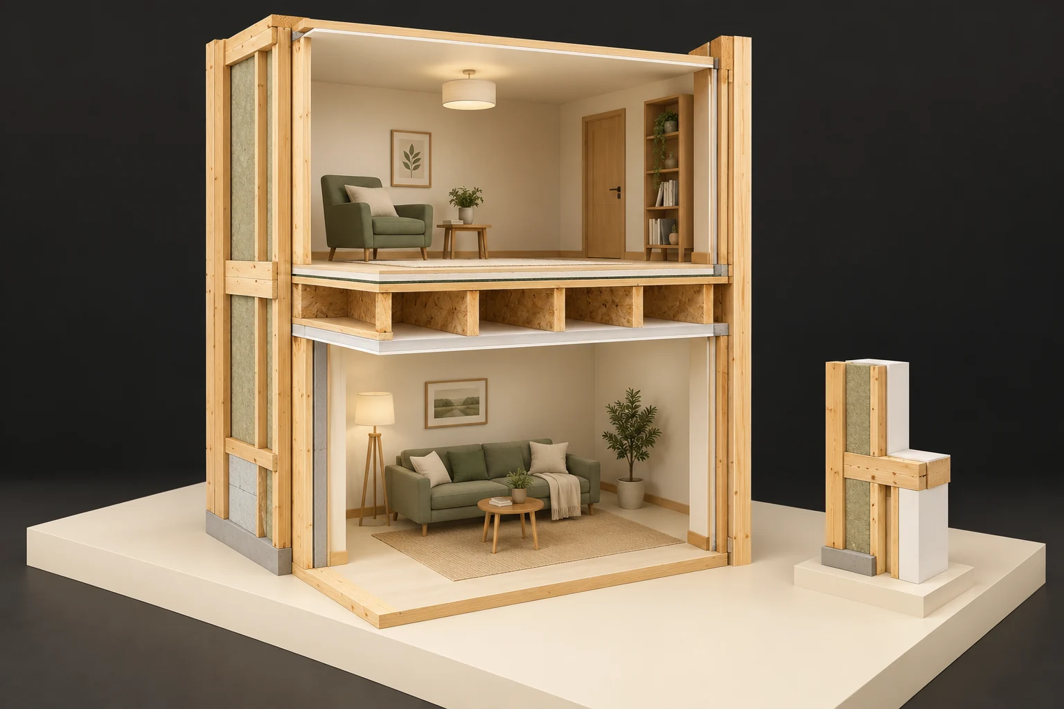 Conceptual stacked furnished rooms with upper floor layers, exposed timber joist cavities and a lower ceiling face, perimeter wall framing and a detached junction specimen