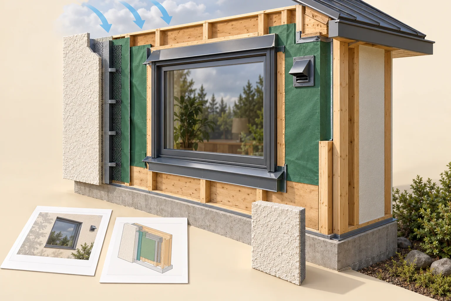 Conceptual window-wall cutaway highlights a head, sill, vent, roof edge and fictional photo/drawing specimens.