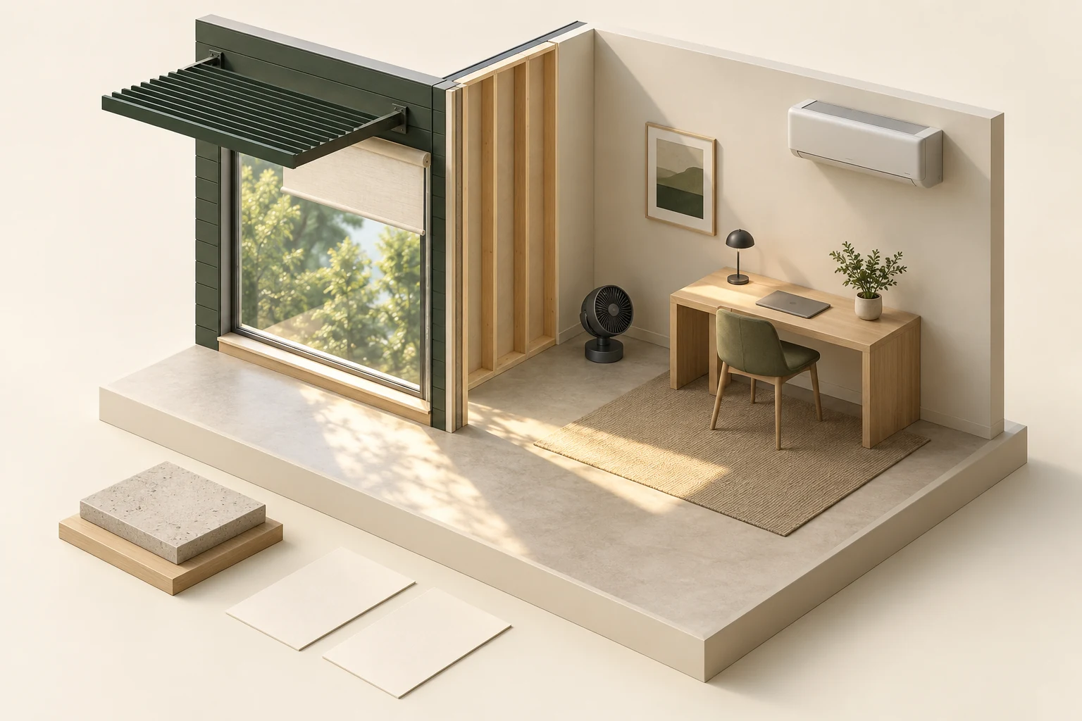 Conceptual timber room corner with an exterior blade shade, closed window and roller shade at the glazing, sunlit floor, separate stone-like specimen, guarded fan and closed wall unit
