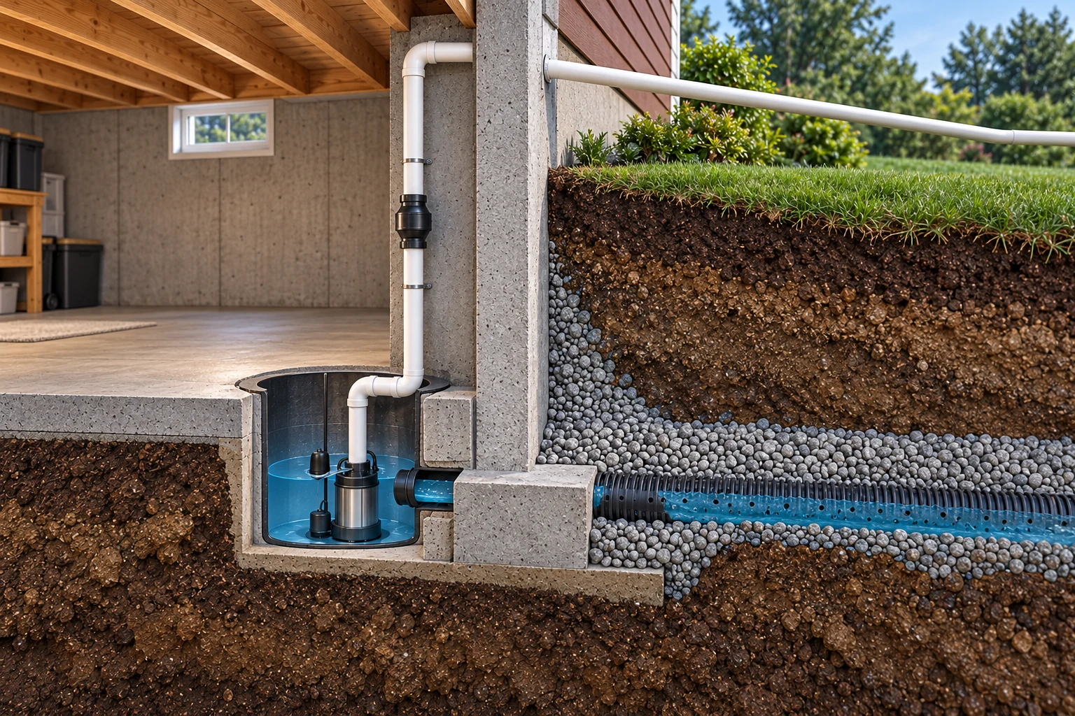 Conceptual foundation cutaway showing lower collection drainage and a separate higher discharge continuing away beyond the picture.