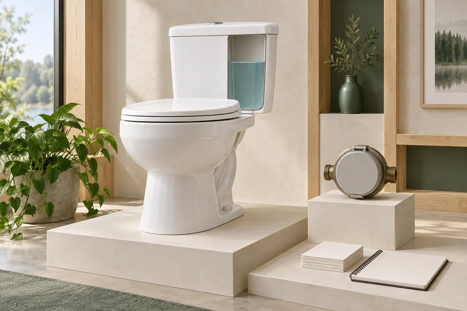 Conceptual ceramic toilet with a static tank-water window, detached blank-faced round prop and blank notebook