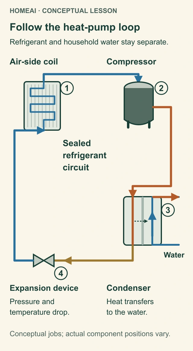 Original conceptual heat-pump circuit links an air-side coil, compressor, two-fluid condenser symbol and expansion device; household water is drawn in a separate condenser channel.