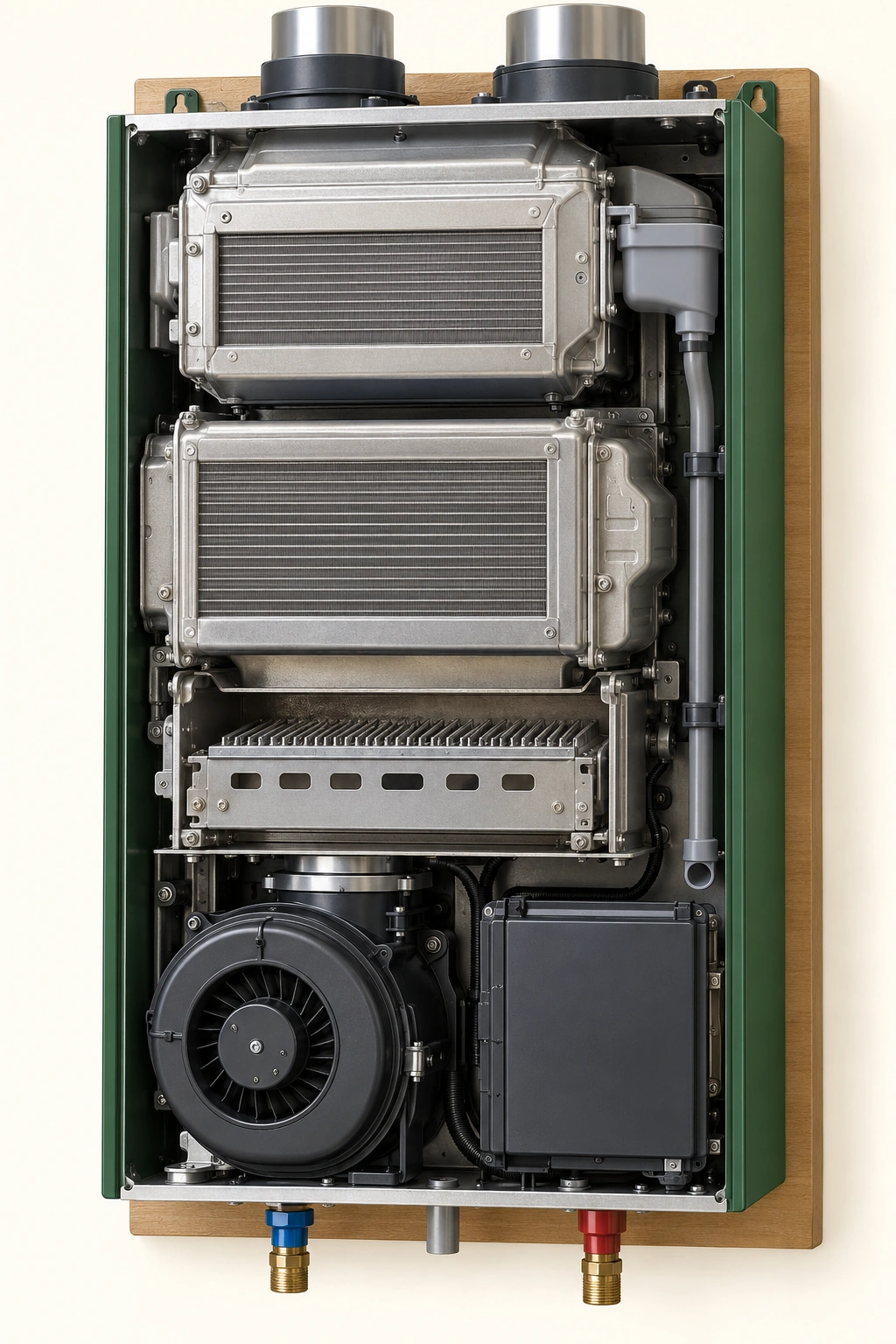 Original conceptual condensing tankless cabinet component study shows an upper enclosed secondary exchanger, middle primary exchanger, dry burner below and a separate lower fan, with no asserted hidden copper water topology or baked number markers.