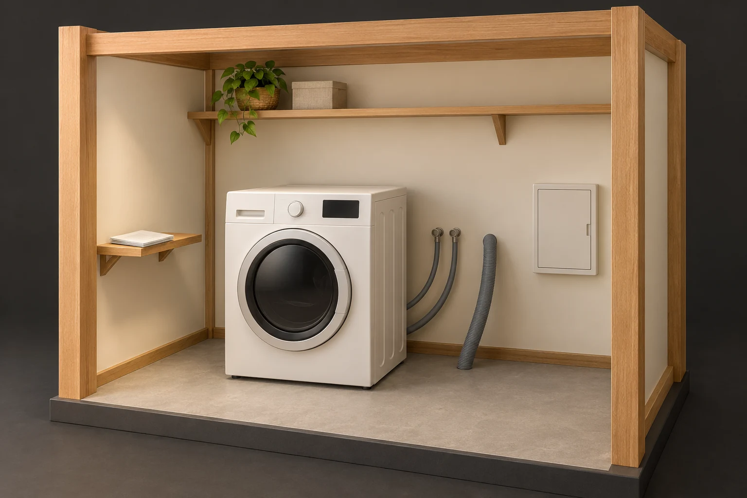 Closed front-loading washer in an open-sided timber laundry alcove, two curved hose-like forms behind it, a separate broad ribbed form and a plain wall cover
