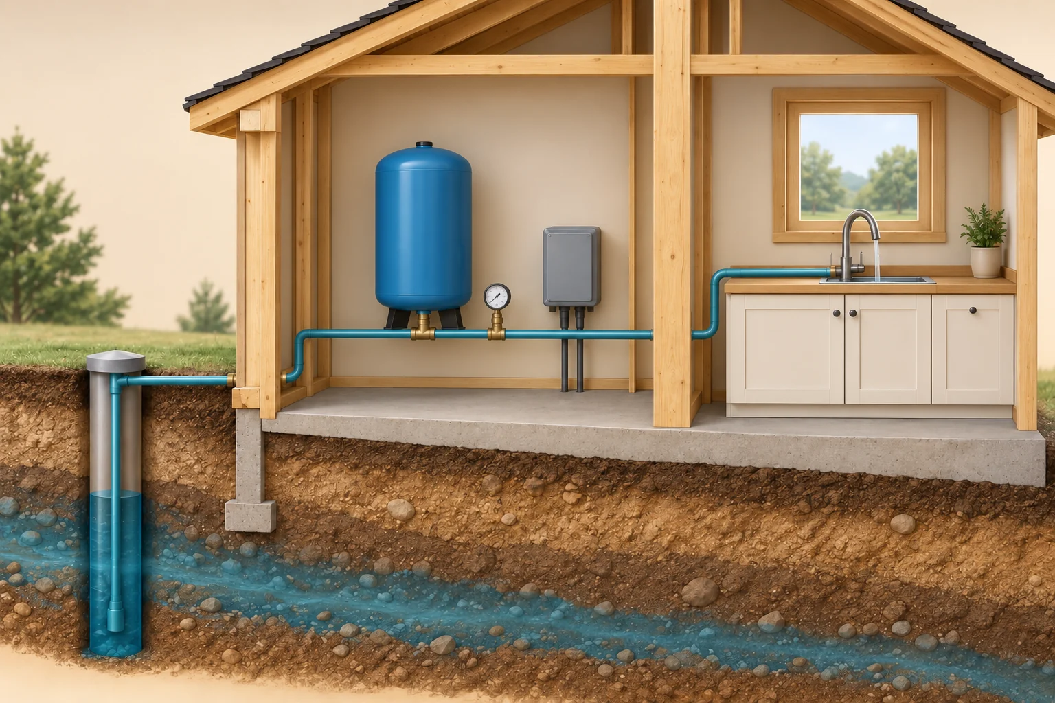 Conceptual timber house section with a left well cutaway and teal main route; a short branch rises into the base of a closed blue tank, with a dial-like gauge and closed grey enclosure nearby, while the main route continues toward a kitchen sink.
