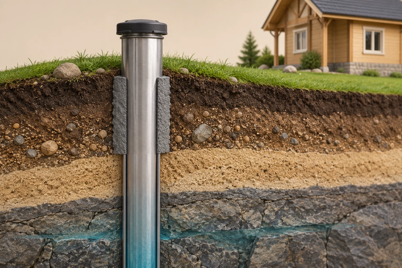 Conceptual ground section with a closed black cap above a metal-coloured well casing, grey strips around its upper buried sides, rock and soil layers, a teal lower band and a timber house behind.