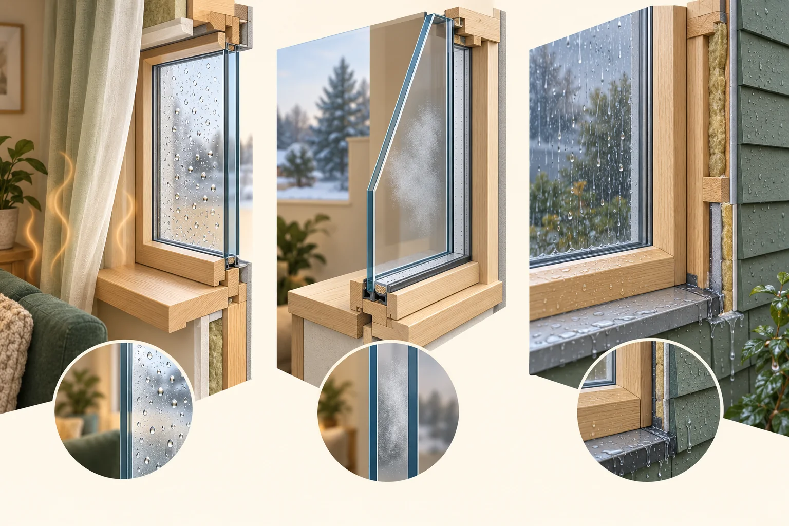 Three conceptual window views: room-side droplets, a separated glazing display and an exterior wet window beside exposed timber layers.