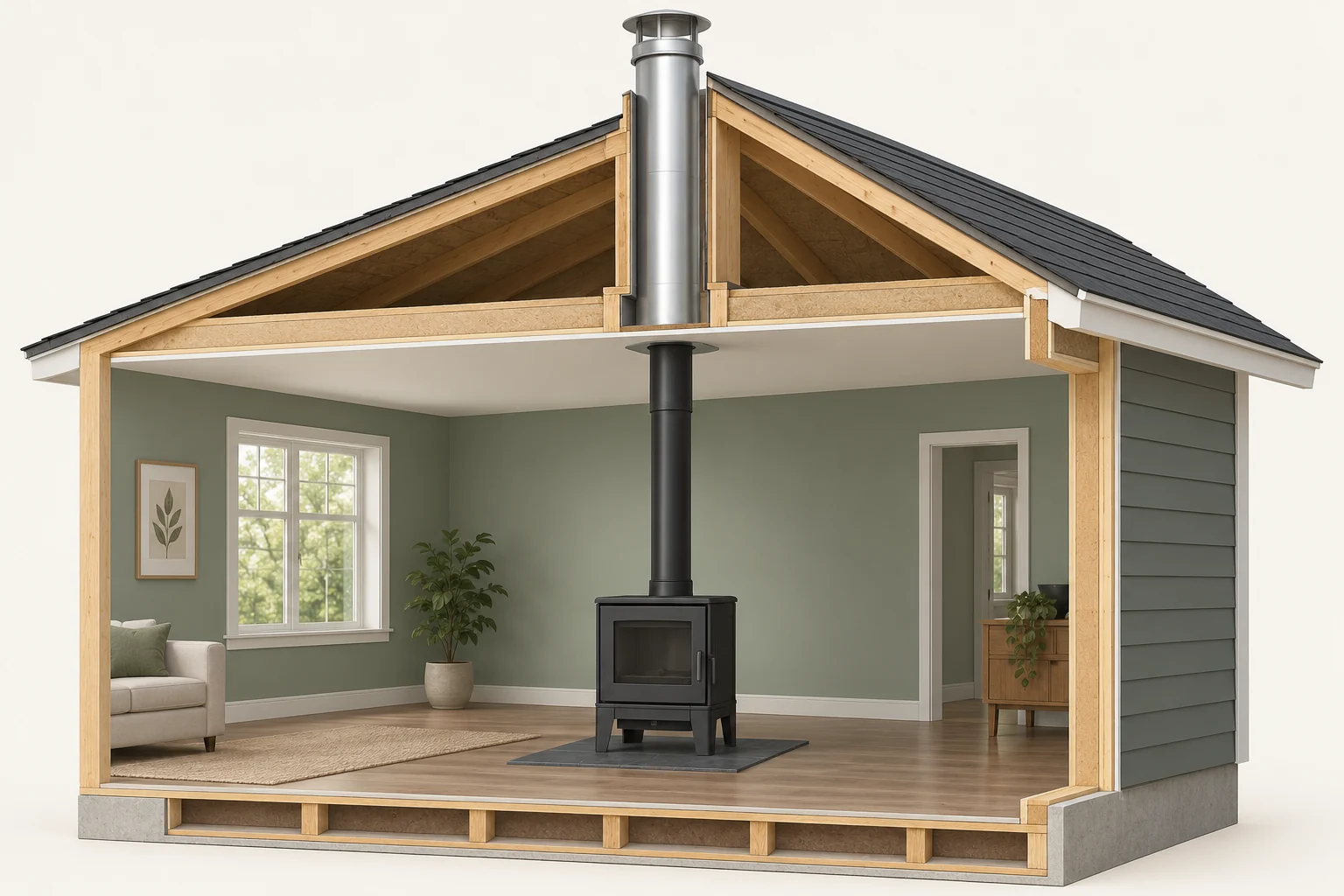 A closed, unlit wood stove connects to a dark vertical pipe below a separate silver chimney form continuing through a conceptual cutaway roof to an outside cap.